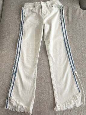 Liverpool Los Angeles Hannah Crop Flare w/  Denim Fringe  -Side Slit - White,